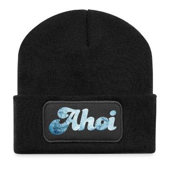 Schiff Ahoi Meer Ozean Schnörkelschrift maritim - Recycelte Patch Beanie - Schwarz - Vorne