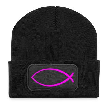 Ichtus Fisch einfarbig rosa - Recycelte Patch Beanie - Schwarz - Vorne