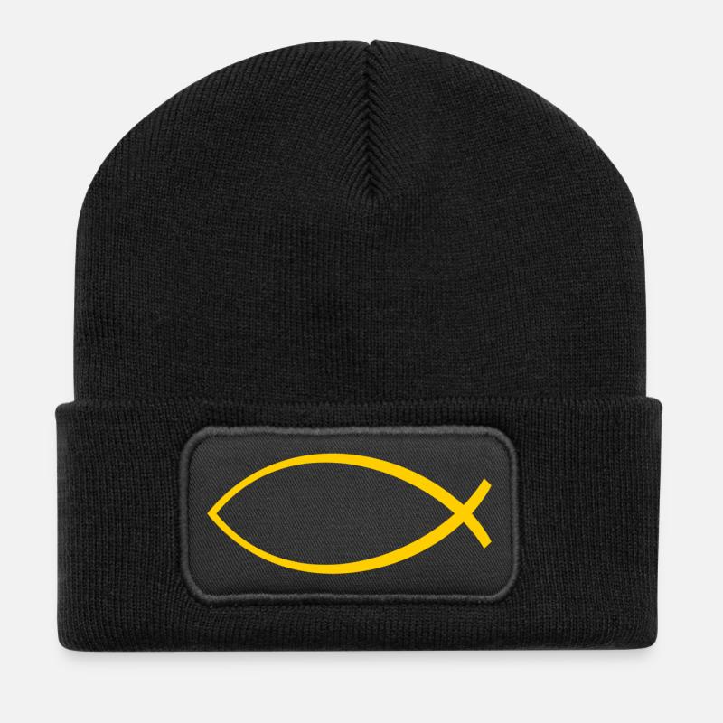 Ichtus Fisch gelb - Recycelte Patch Beanie - Schwarz