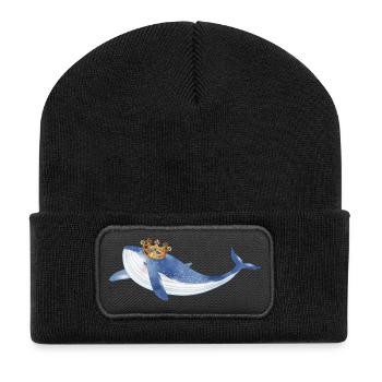 leuchtend blauer Wal Fisch mit goldener Krone - Recycelte Patch Beanie - Schwarz - Vorne