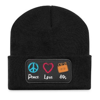 Peace Love 80s - Recycelte Patch Beanie - Schwarz - Vorne