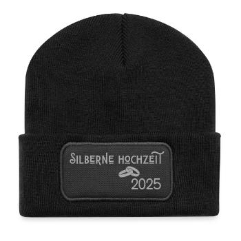 Silberne Hochzeit 2025 mit Ringen Jugendstil - Recycelte Patch Beanie - Schwarz - Vorne