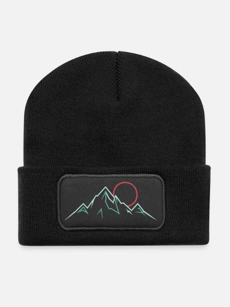 Minimalist Mountain Range with Rising Sun - Recycled Patch Beanie - black