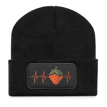 Erdbeere mit Herzschlag im Comic Stil - Recycelte Patch Beanie - Schwarz - Vorne