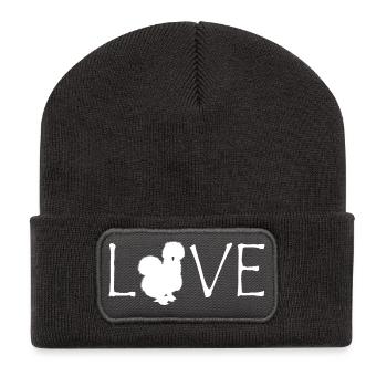 Seidenhuhn  Love-Design mit Tieremblem - Recycelte Patch Beanie - Dunkelgrau - Vorne