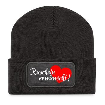 Kuscheln erwünscht - Weiß Rot - Recycelte Patch Beanie - Dunkelgrau - Vorne