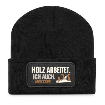 Holz arbeitet. Ich auch. Meistens.  - Recycelte Patch Beanie - Schwarz - Vorne