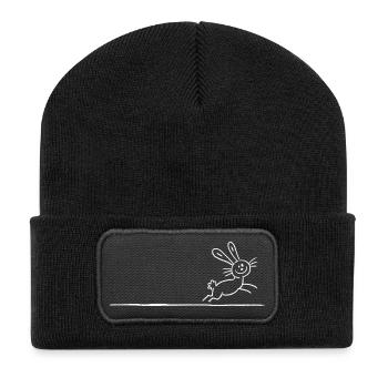 Hase Kaninchen Line Art Strichzeichnung Tiermotiv - Recycelte Patch Beanie - Schwarz - Vorne
