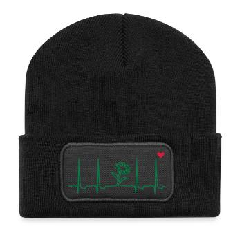 Blumen im Herzschlag / flowers in heart beat (2c) - Recycelte Patch Beanie - Schwarz - Vorne