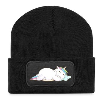 Einhorn Schlafen Müde Kopfkissen Chillen Geschenk - Recycelte Patch Beanie - Schwarz - Vorne