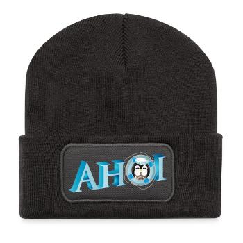 Salutation de marin avec lettrage Ahoi avec un marin pingouin - Beanie recyclé à patch - charbon - Devant