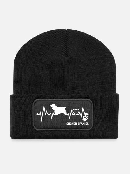 Cocker Spaniel Heartbeat Pulse ECG Dog Gift - Recycled Patch Beanie - black