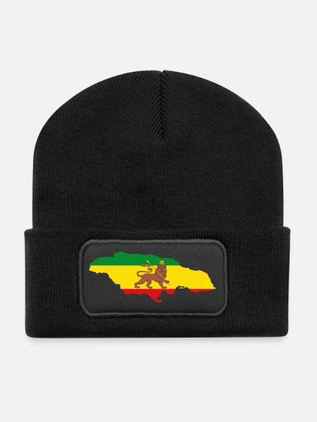 Lion of Judah Jamaica Rasta Flag Map of Jamaica - Recycelte Patch Beanie - Schwarz