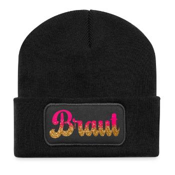 Team Braut! Pink, Gold Glitzer - Recycelte Patch Beanie - Schwarz - Vorne