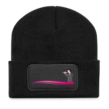 Flötist auf Welle | Flute player on a wave - Recycelte Patch Beanie - Schwarz - Vorne