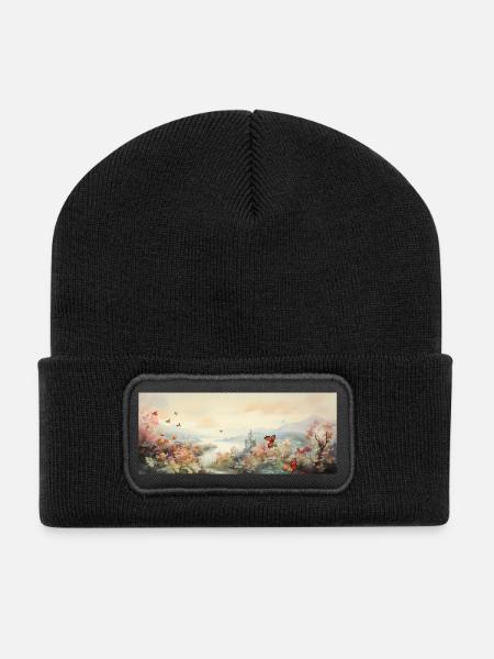 Landschaft mit Schmetterling - Recycelte Patch Beanie - Schwarz