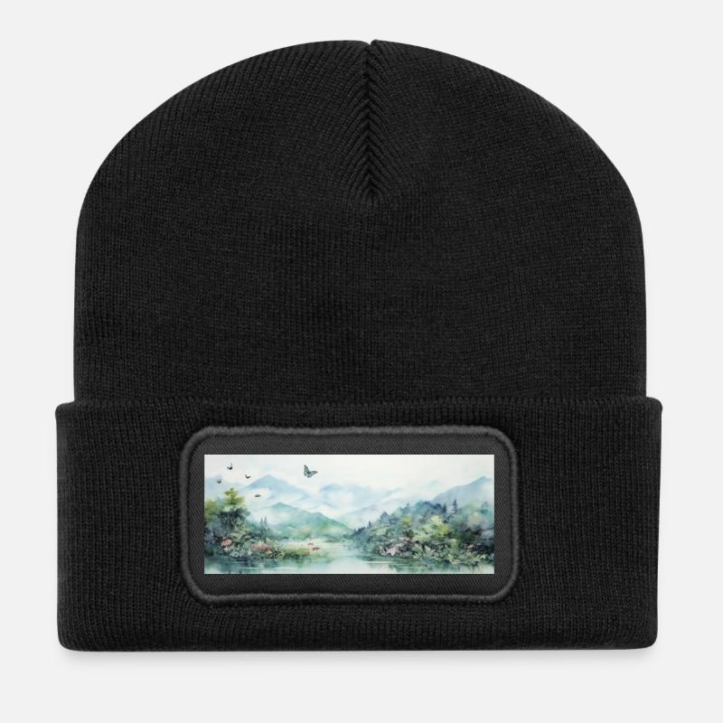 Aquarell-Landschaft - Recycelte Patch Beanie - Schwarz