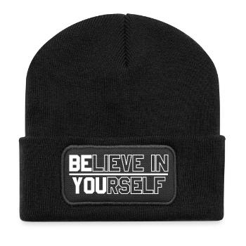 Motivierende Textgestaltung für mehr Selbstvertrauen - Recycelte Patch Beanie - Schwarz - Vorne