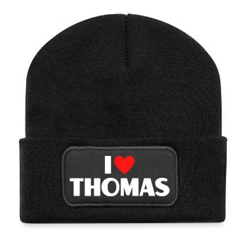 I love Thomas Rotes Herz Romantischer Name Fan - Recycelte Patch Beanie - Schwarz - Vorne
