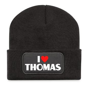 I love Thomas Rotes Herz Romantischer Name Fan - Recycelte Patch Beanie - Dunkelgrau - Vorne