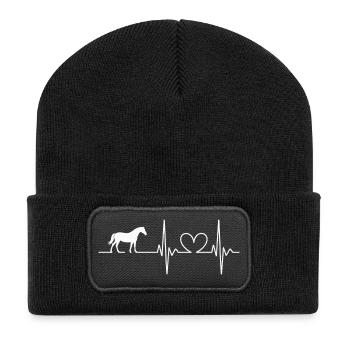 Herzschlag mit Pferd Motive - Recycelte Patch Beanie - Schwarz - Vorne