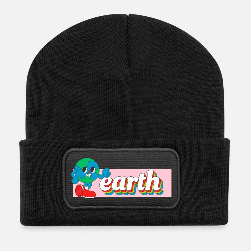 Tirage de t-shirt animé rétro Earth Joy - Beanie recyclé à patch - noir