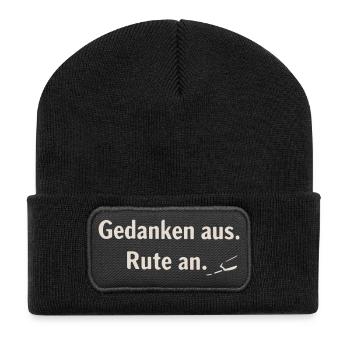 Gedanken aus, Rute an – Minimaldruck - Recycelte Patch Beanie - Schwarz - Vorne