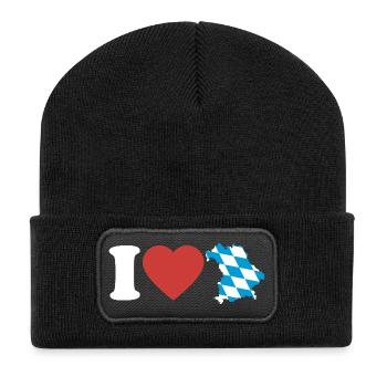 J’aime la Bavière | Cœur avec carte bleu-blanc - Beanie recyclé à patch - noir - Devant