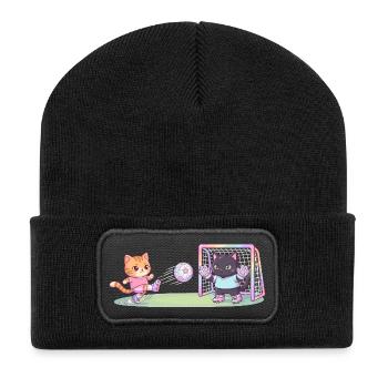 Chats mignons jouant au football, attaquants, gardien de but, enfants - Beanie recyclé à patch - noir - Devant