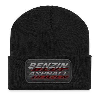 Benzin im Blut, Asphalt im Herzen - Recycelte Patch Beanie - Schwarz - Vorne