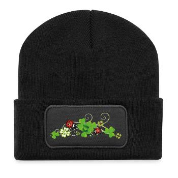 Trèfle, trèfle chanceux avec des coccinelles. - Beanie recyclé à patch - noir - Devant
