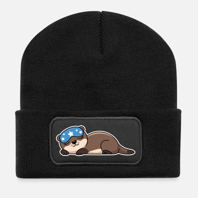 Entzückender schlafender Otter mit Sternenmaske - Recycelte Patch Beanie - Schwarz