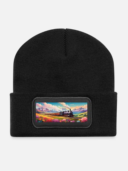 Nostalgic Railway Train with Steam Locomotive - Recycled Patch Beanie - black