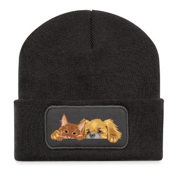Peeking ginger cat and Pekingese dog - Recycled Patch Beanie - dark grey - Front