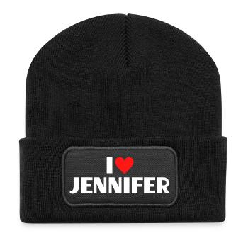 I love Jennifer Rotes Herz Romantischer Name Fan - Recycelte Patch Beanie - Schwarz - Vorne