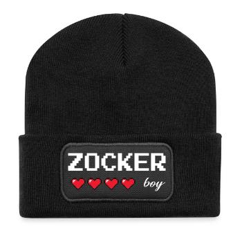 Gaming Boy – Retro Zocker Design mit Lebensherzen - Recycelte Patch Beanie - Schwarz - Vorne