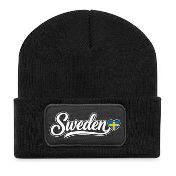 Sweden Script with Flag Heart Fan Patriotic - Recycled Patch Beanie - black - Front