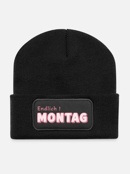 Endlich Montag – Pink Retro Schrift - Recycelte Patch Beanie - Schwarz