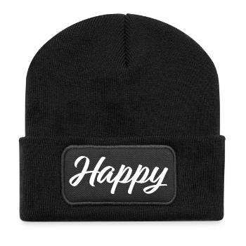 White "Happy" logo - Recycled Patch Beanie - black - Front