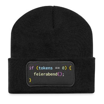 if (tokens == 0) feierabend(); – KI Feierabend - Recycelte Patch Beanie - Schwarz - Vorne
