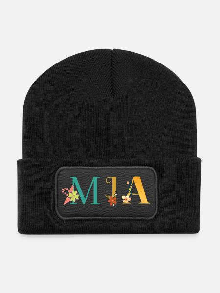 MIA Name Art With Flowers Embroidered - Recycled Patch Beanie - black