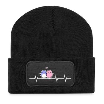Two Cute Birds - Heart to Heart - Recycled Patch Beanie - black - Front