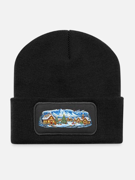 Winterdorf im Weihnachtsglanz - Recycelte Patch Beanie - Schwarz