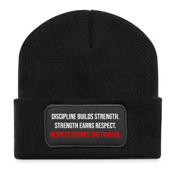 Fight Forge: Discipline & Strength Fighter Quote - Recycelte Patch Beanie - Schwarz - Vorne