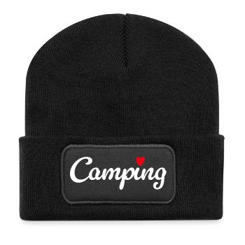Camping Herz Camper Wohnwagen Van Life Fan Hobby - Recycelte Patch Beanie - Schwarz - Vorne