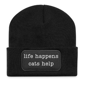Das Leben passiert, Katzen helfen - Recycelte Patch Beanie - Schwarz - Vorne