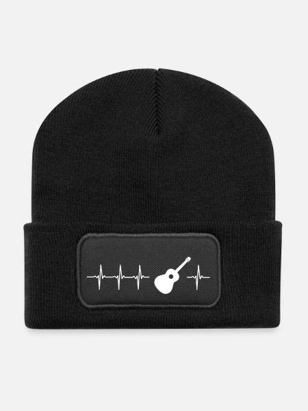 Ich liebe akustische Gitarre (Herzschlag) - Recycelte Patch Beanie - Schwarz