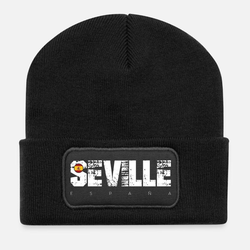 Sevilla Distressed Typografie mit Flagge - Recycelte Patch Beanie - Schwarz