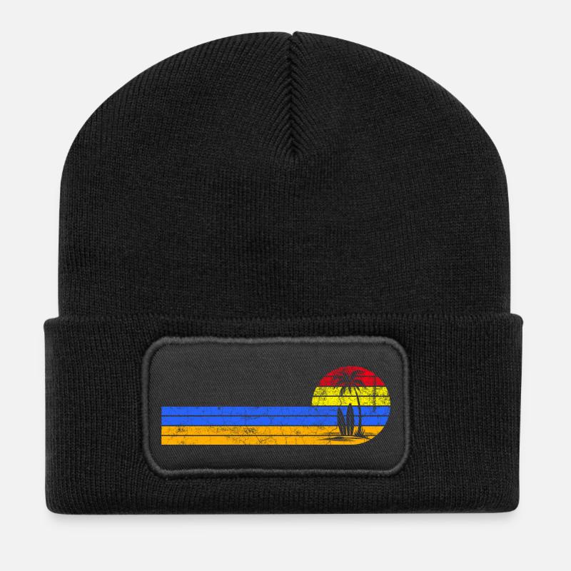 Coucher de soleil vintage sur la plage - Beanie recyclé à patch - noir