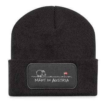 Mäht in Austria – Schaf Spruch Wortspiel - Recycelte Patch Beanie - Dunkelgrau - Vorne